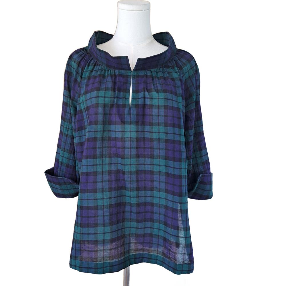 GRETCHEN SCOTT Stand Collar Tunic Top Medium Blue green BlackWatch Plaid Cotton